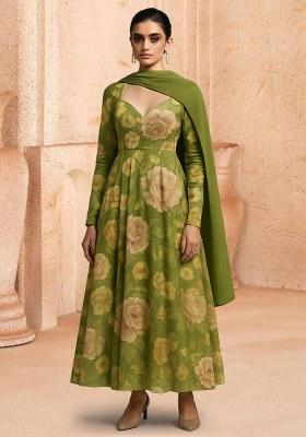 Sage Green Silk Floral Printed Anarkali Set