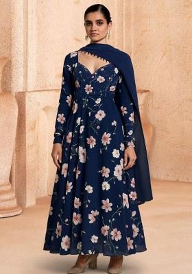 Navy Blue Crepe Floral Printed Anarkali Set