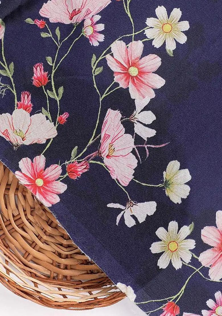 Navy Blue Crepe Floral Printed Anarkali Set - Indya