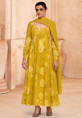 Yellow Chiffon Floral Printed Anarkali Set
