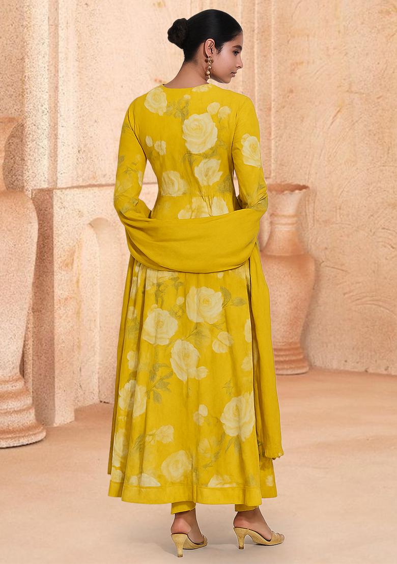 Yellow Chiffon Floral Printed Anarkali Set - Indya