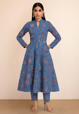 Blue Paisley Printed Silk Kurta Set