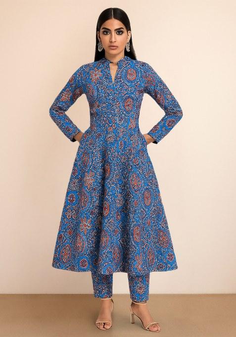 Blue Paisley Printed Silk Kurta Set