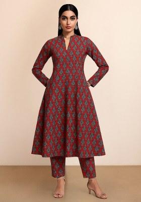 Maroon Floral Printed Silk Kurta Set