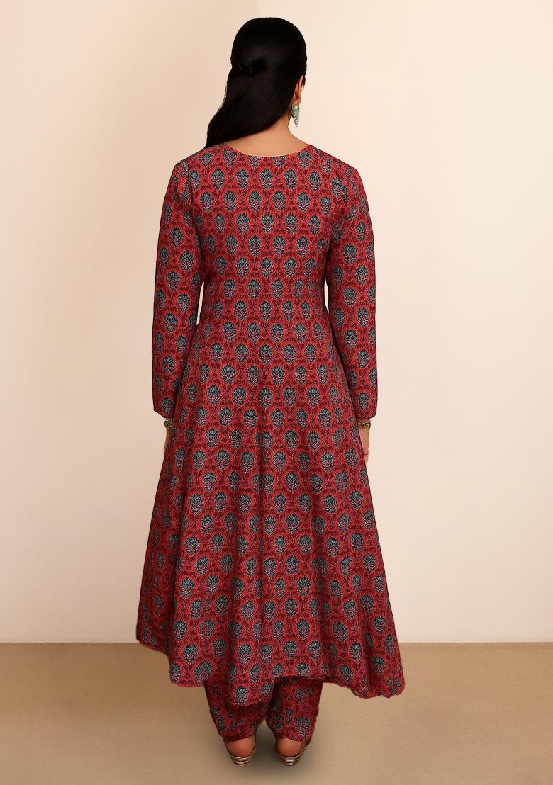 Maroon Floral Printed Silk Kurta Set - Indya