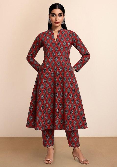 Maroon Floral Printed Silk Kurta Set