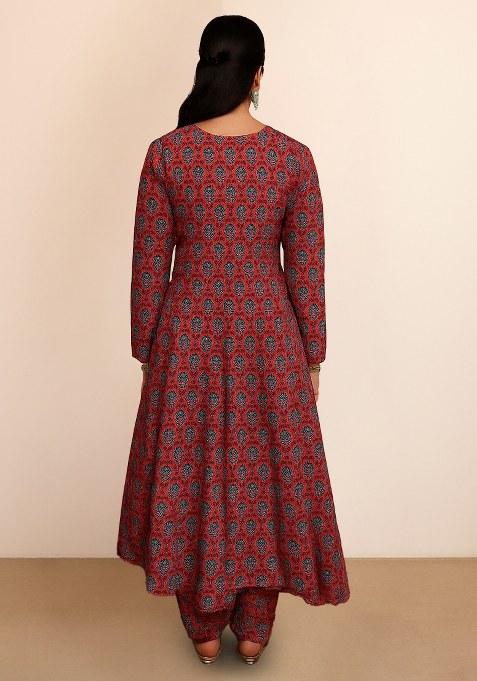 Maroon Floral Printed Silk Kurta Set