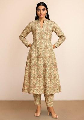Beige Paisley Printed Silk Kurta Set