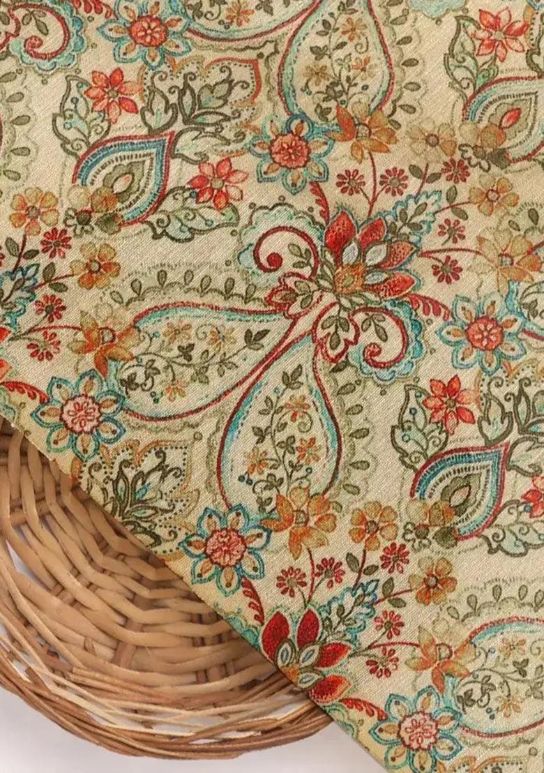 Beige Paisley Printed Silk Kurta Set - Indya