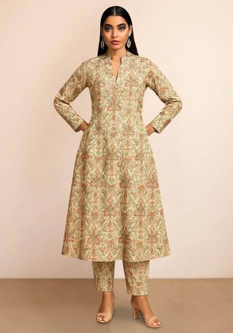 Beige Paisley Printed Silk Kurta Set