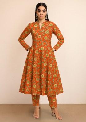 Orange Floral Printed Silk Kurta Set