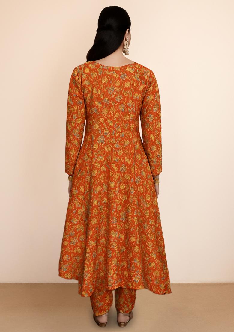 Orange Floral Printed Silk Kurta Set - Indya