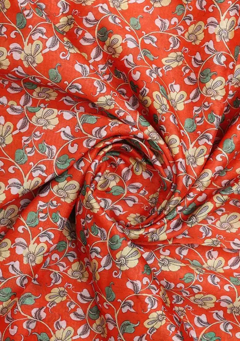 Orange Floral Printed Silk Kurta Set - Indya