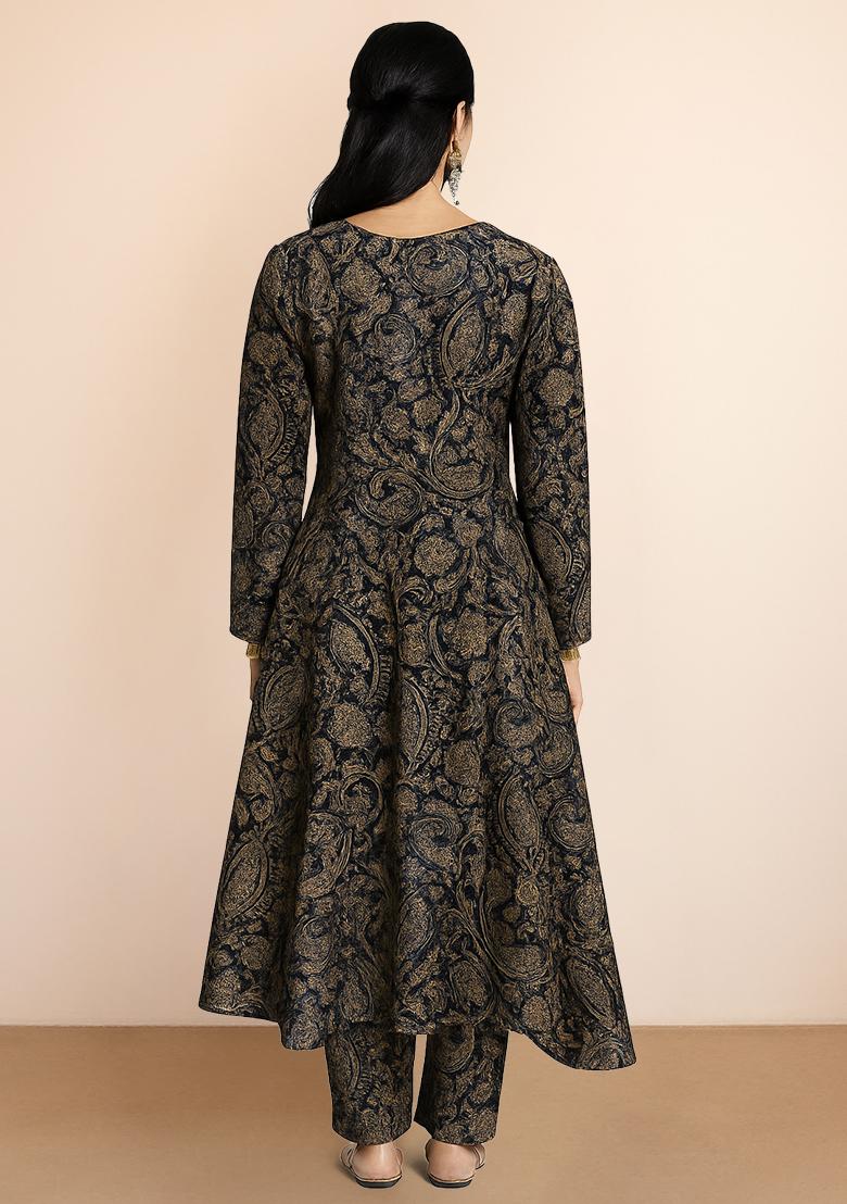 Dark Blue Paisley Printed Silk Kurta Set - Indya