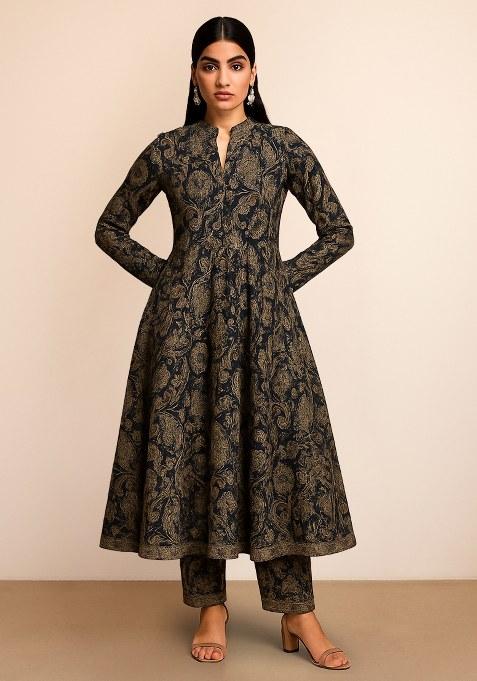 Dark Blue Paisley Printed Silk Kurta Set
