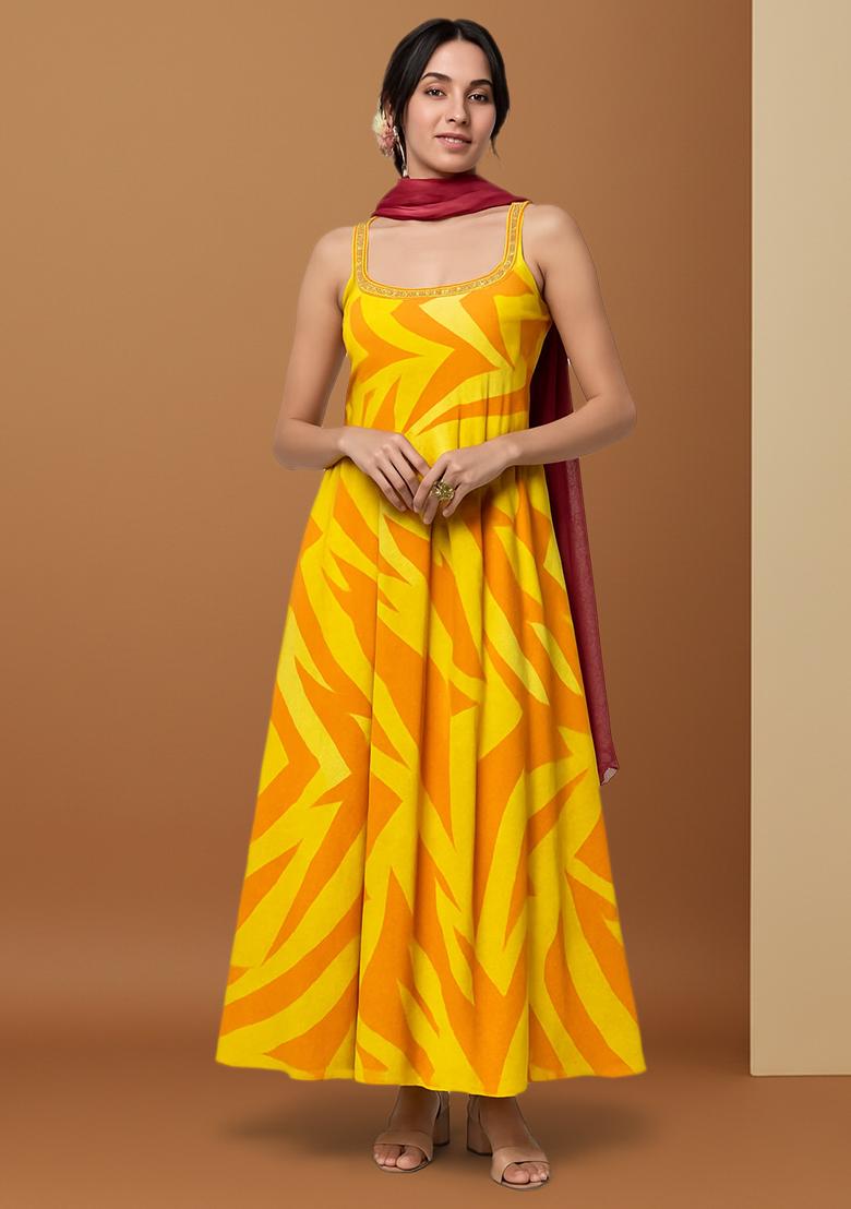 Yellow Printed Embroidered Georgette Anarkali Set