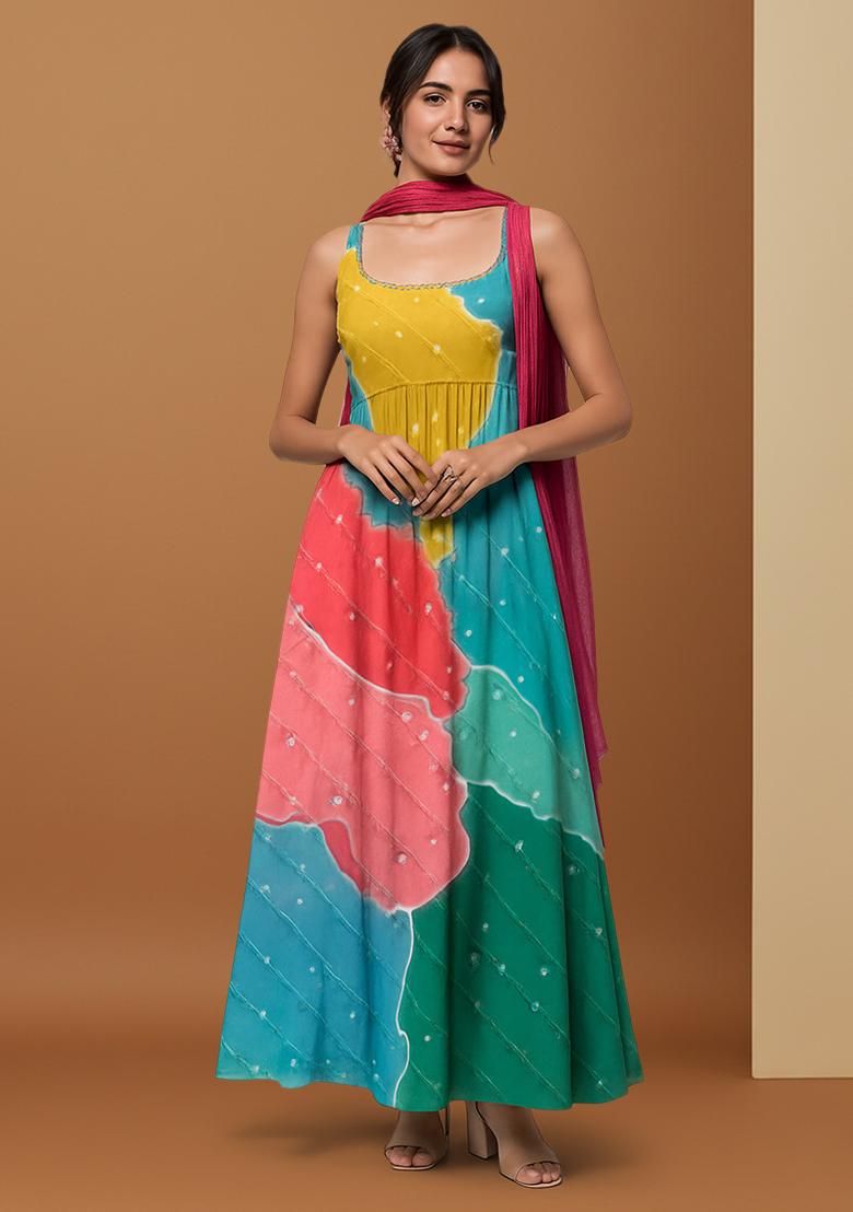 Multicolor Printed Embroidered Georgette Anarkali Set