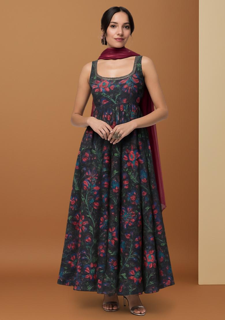 Black Printed Embroidered Georgette Anarkali Set