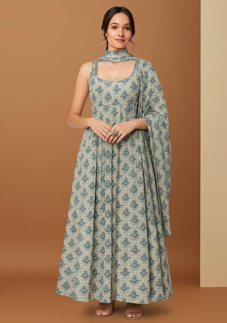 Beige Printed Embroidered Georgette Anarkali Set - Indya