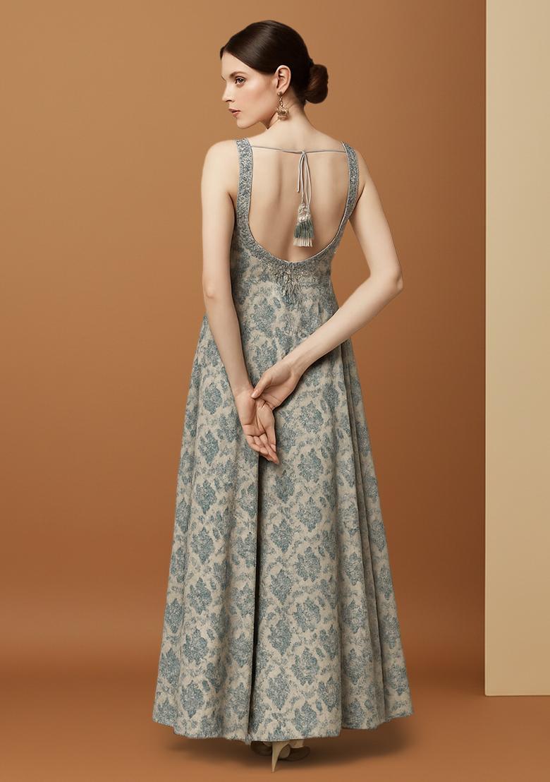 Beige Printed Embroidered Georgette Anarkali Set - Indya