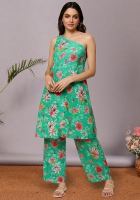 Sea Green Satin Floral Printed Kurta Set