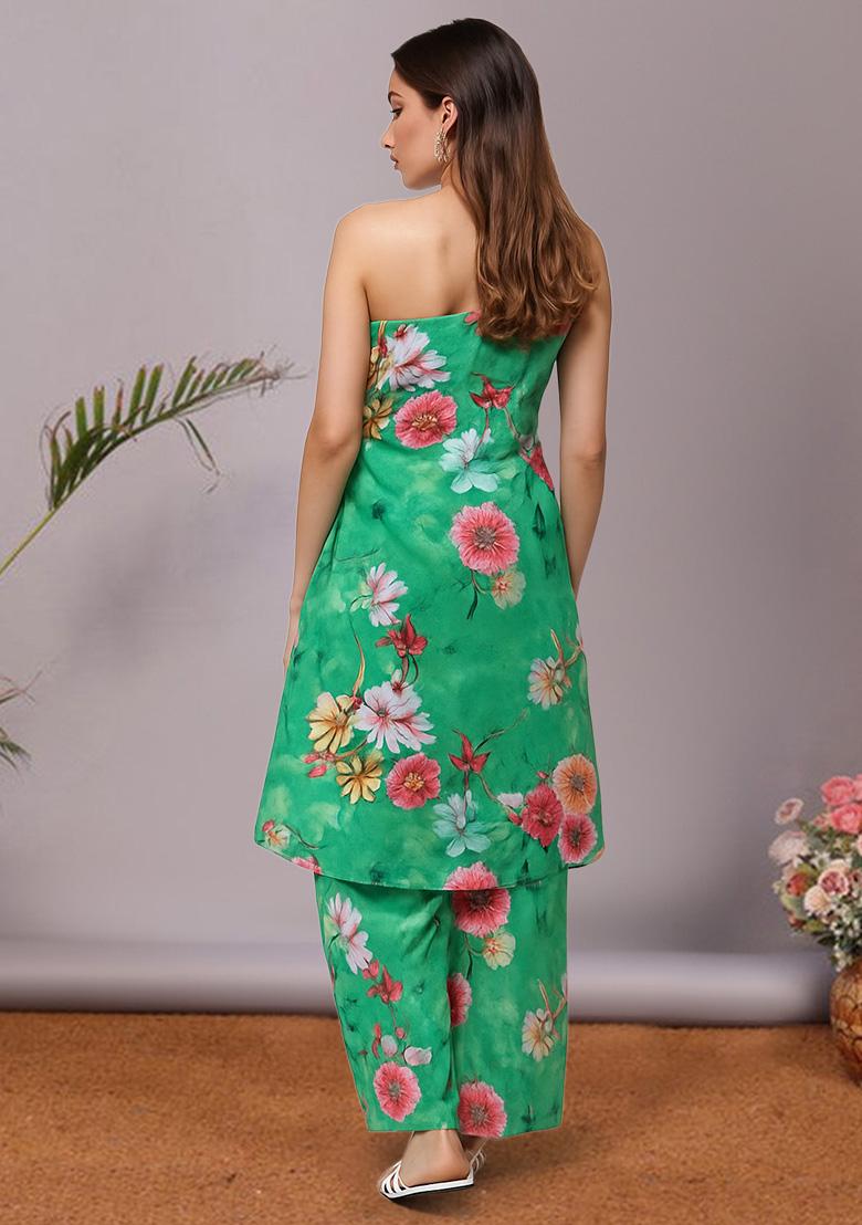 Sea Green Satin Floral Printed Kurta Set - Indya