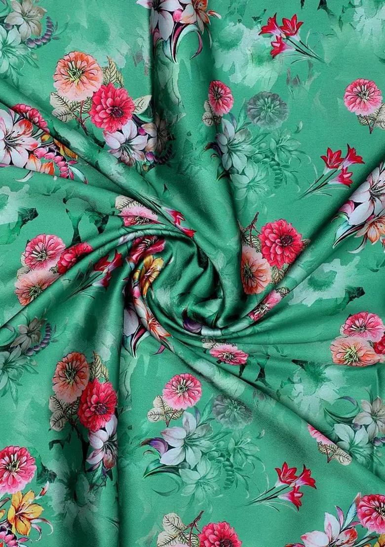 Sea Green Satin Floral Printed Kurta Set - Indya