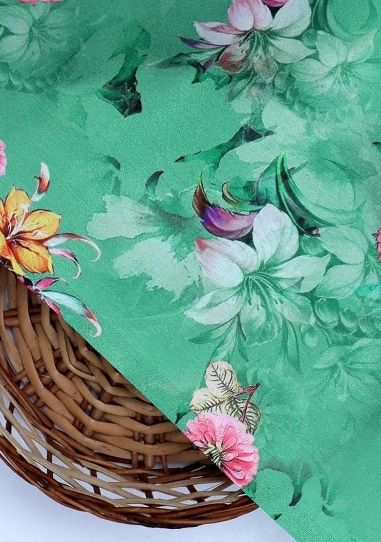 Sea Green Satin Floral Printed Kurta Set - Indya