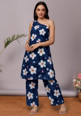 Navy Blue Satin Floral Printed Kurta Set