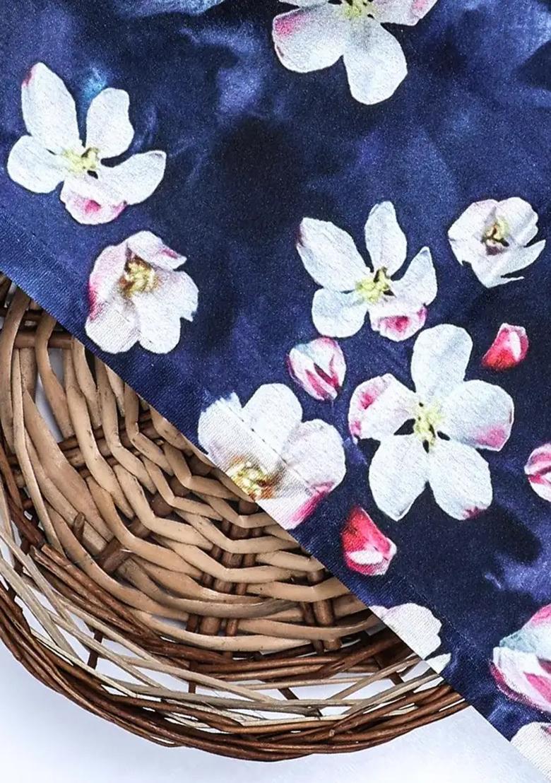 Navy Blue Satin Floral Printed Kurta Set - Indya