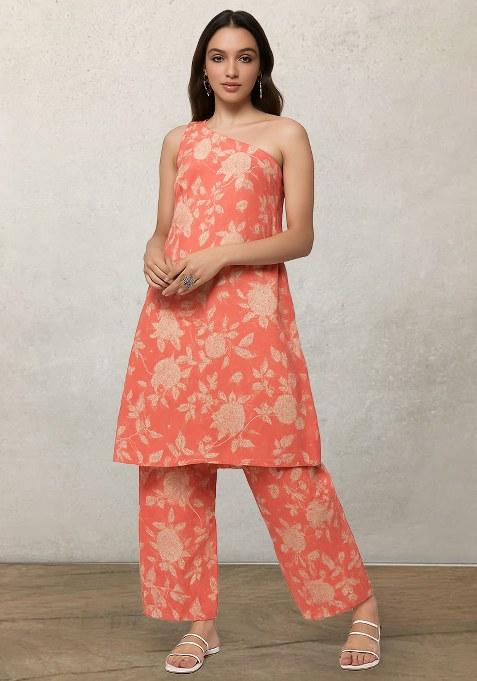 Peach Satin Floral Printed Kurta Set