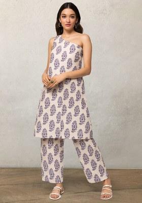 Off White Satin Block Printed Kurta Set