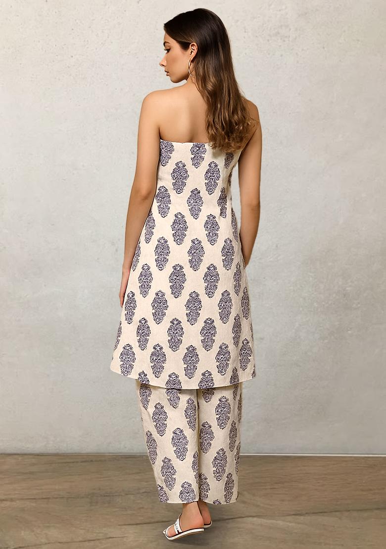 Off White Satin Block Printed Kurta Set - Indya