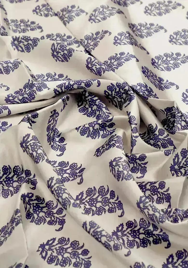 Off White Satin Block Printed Kurta Set - Indya