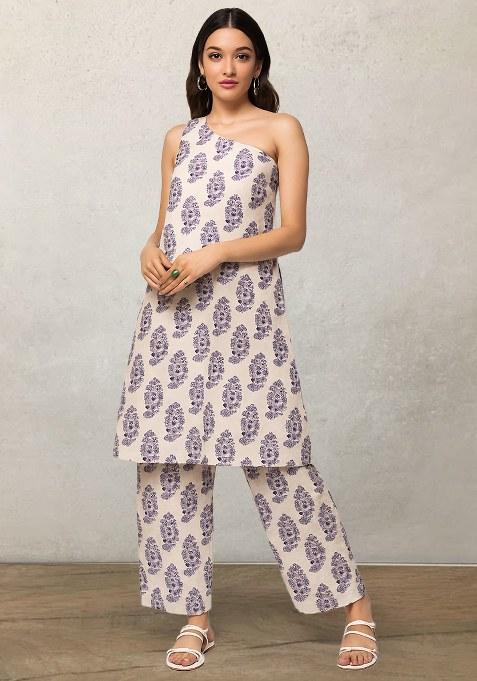 Off White Satin Block Printed Kurta Set
