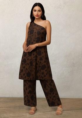 Brown Satin Floral Printed Kurta Set