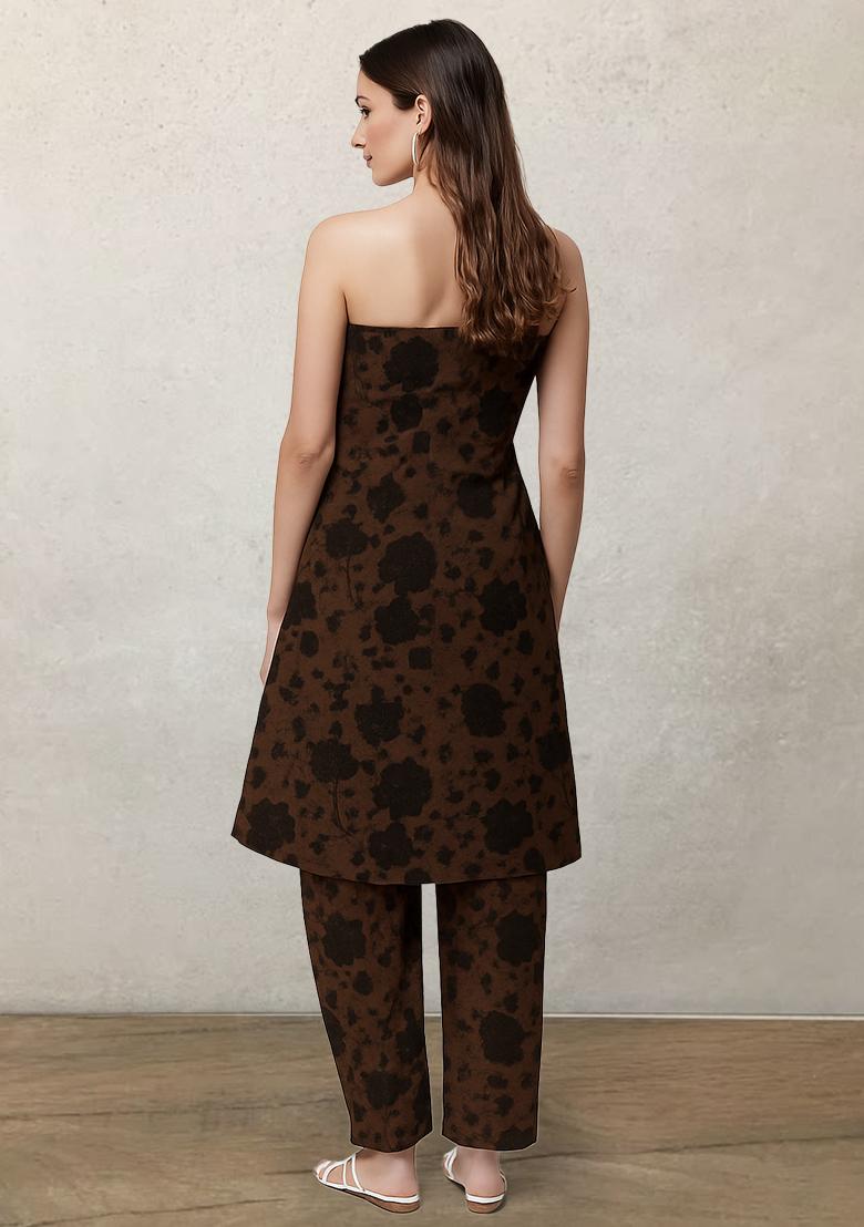 Brown Satin Floral Printed Kurta Set - Indya