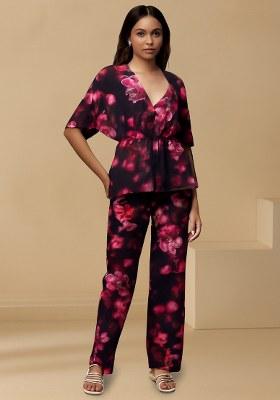 Black And Pink Floral Printed Georgette Fusion Set