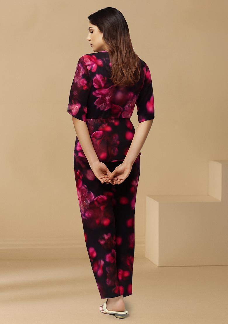 Black And Pink Floral Printed Georgette Fusion Set - Indya