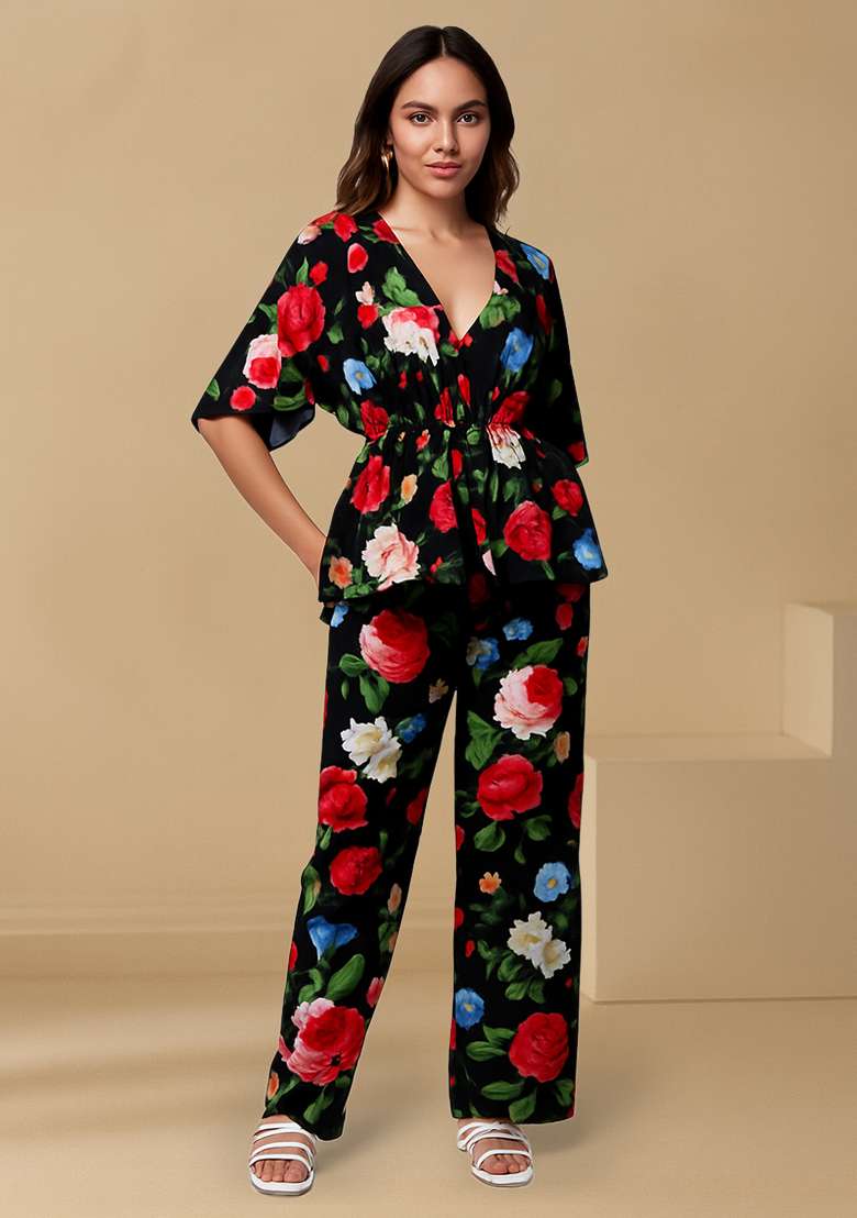 Black Crepe Fusion Set with Floral Printed for Diwali | Wedding & Festive Wear - Indya
