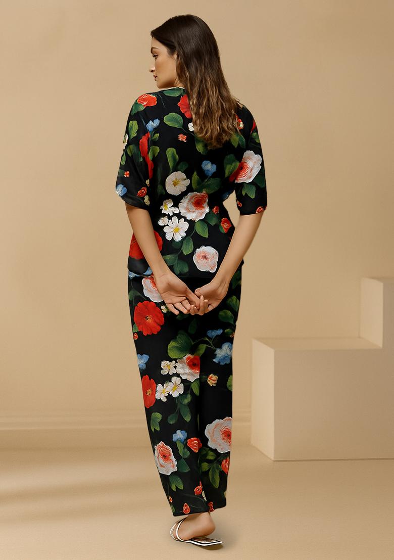 Black Floral Printed Crepe Fusion Set - Indya