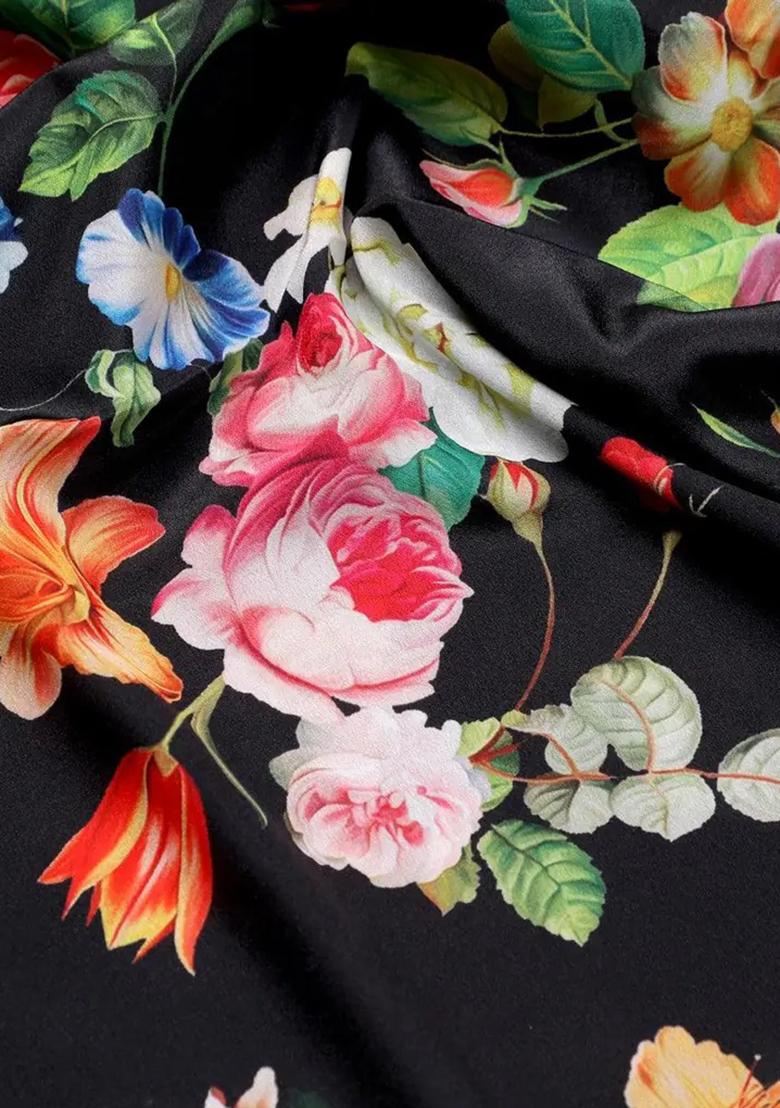 Black Floral Printed Crepe Fusion Set - Indya