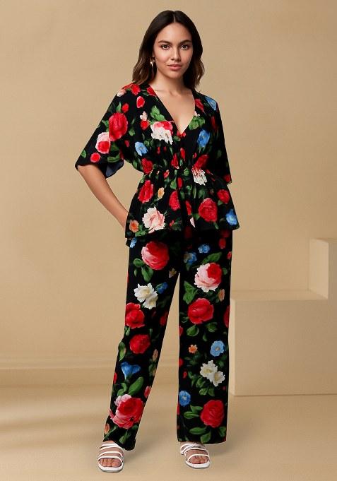 Black Floral Printed Crepe Fusion Set