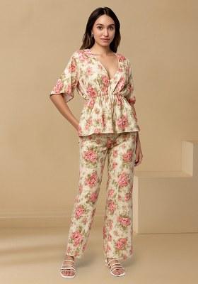 Cream Floral Printed Crepe Fusion Set