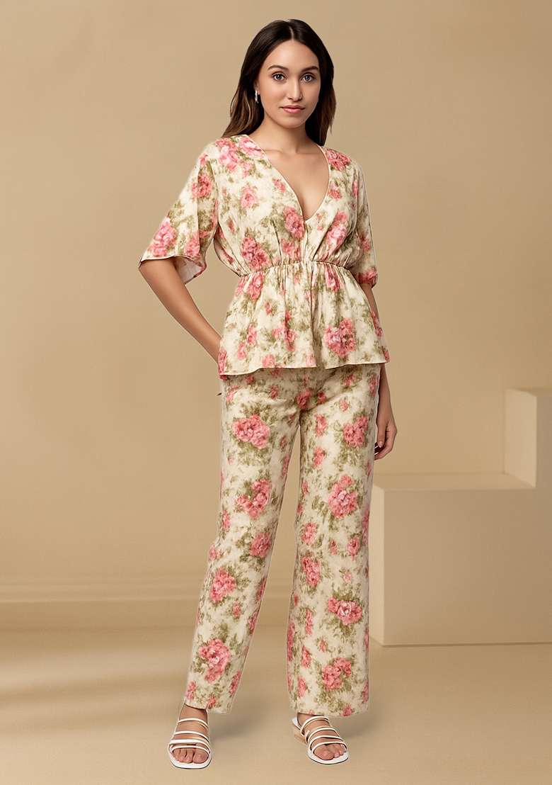 Cream Floral Printed Crepe Fusion Set for Diwali and Festive Wear - Indya