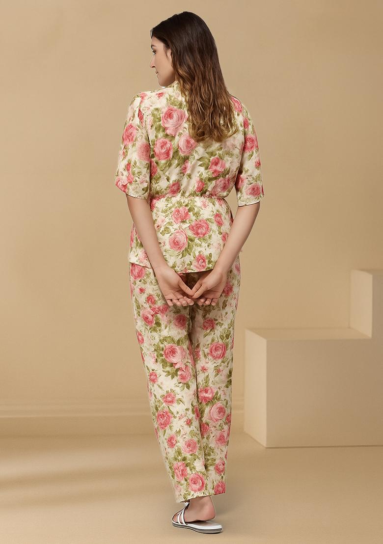 Cream Floral Printed Crepe Fusion Set - Indya
