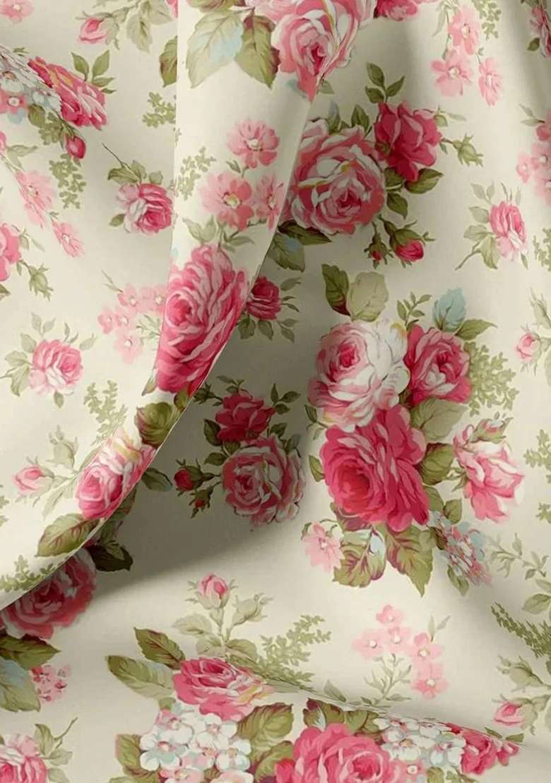 Cream Floral Printed Crepe Fusion Set for Diwali and Festive Wear - Indya