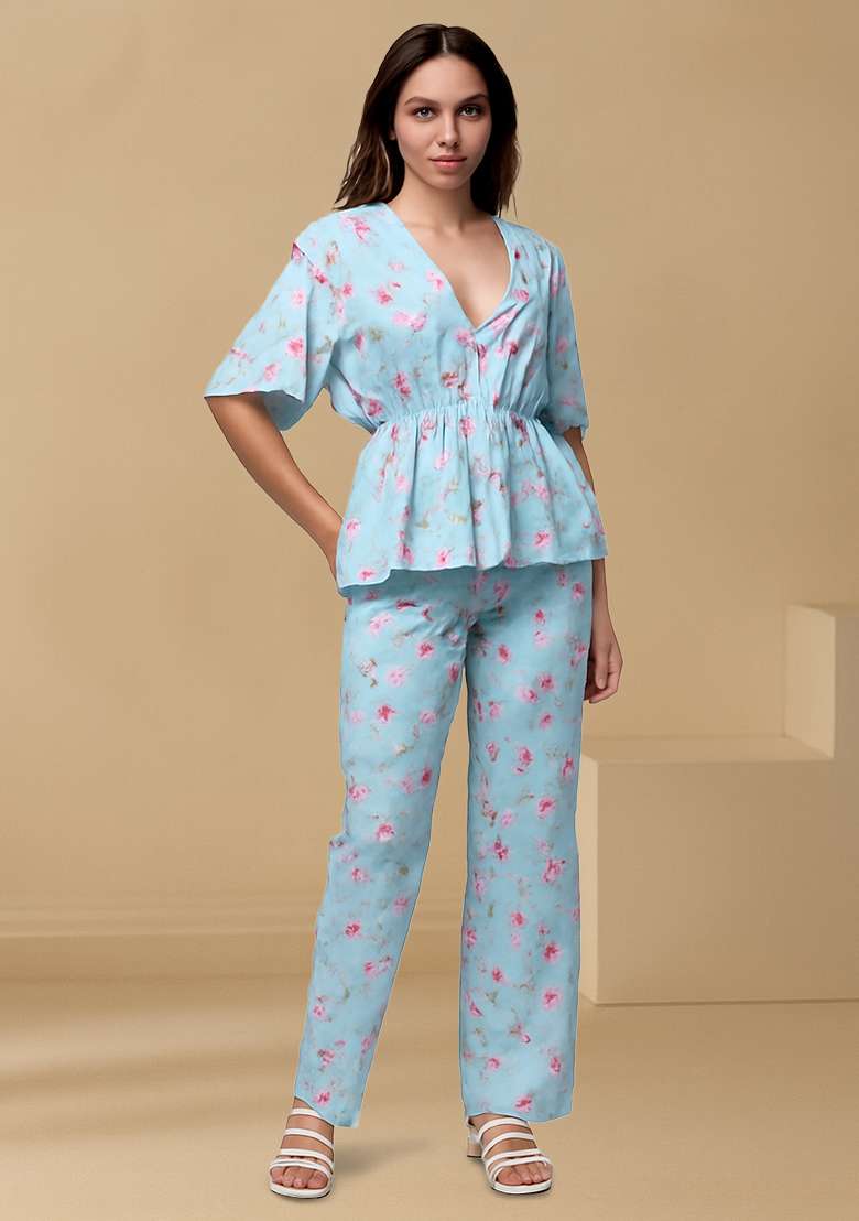 Powder Blue Floral Printed Satin Fusion Set for Diwali and Festive Wear - Indya