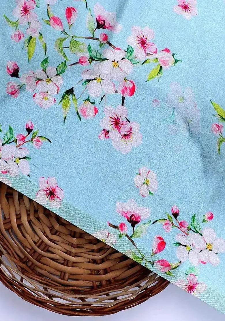 Powder Blue Floral Printed Satin Fusion Set - Indya