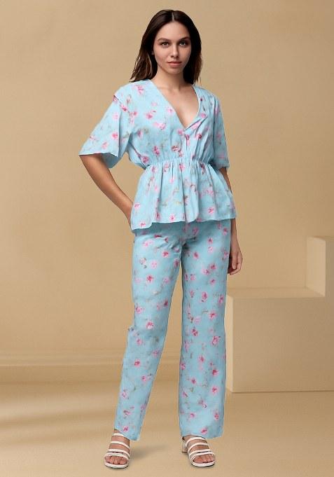 Powder Blue Floral Printed Satin Fusion Set
